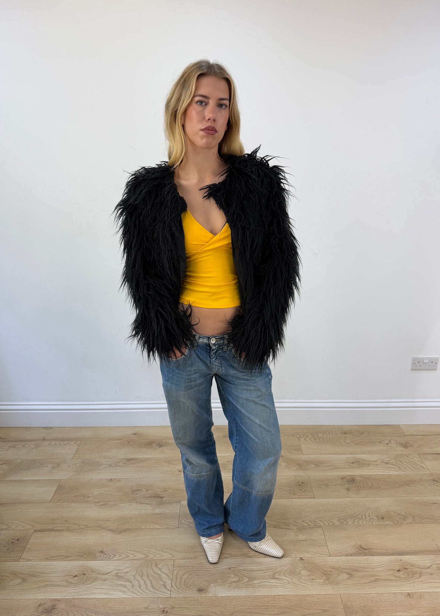 small black coocu shag fur jacket open