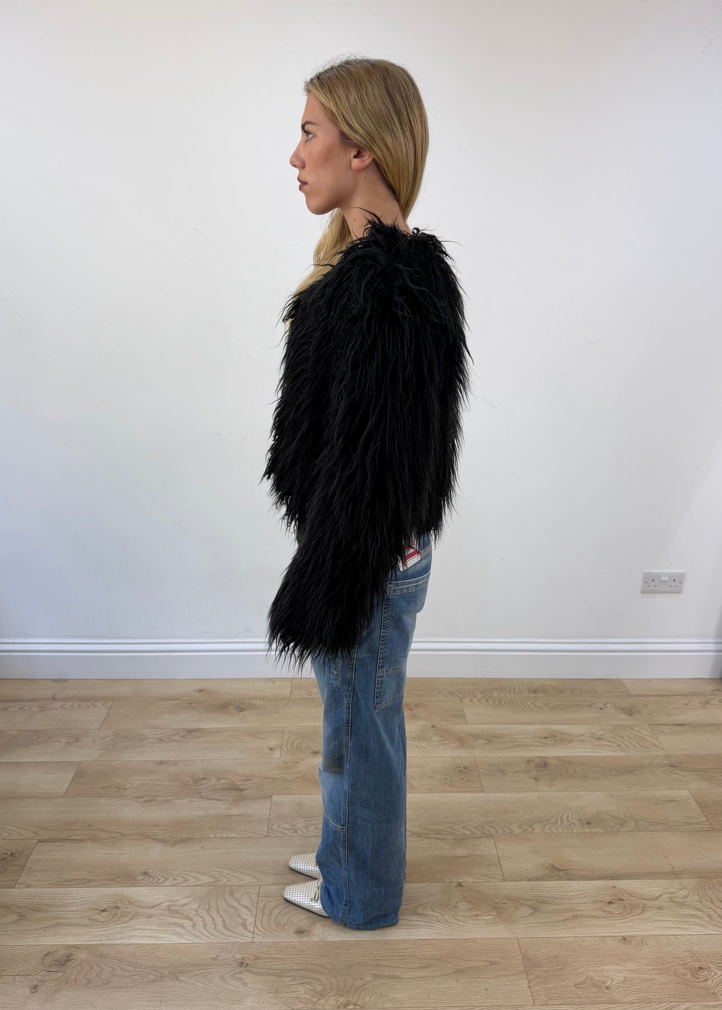 small black coocu shag fur jacket side