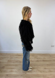 small black coocu shag fur jacket opposite side