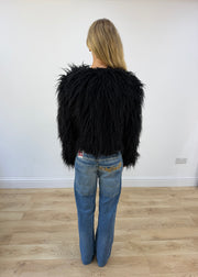 small black coocu shag fur jacket back