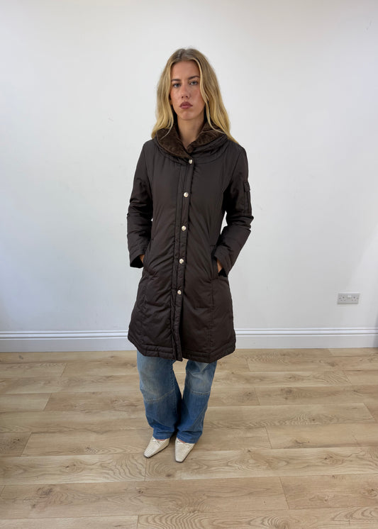 small brown dkny puffer trench coat front