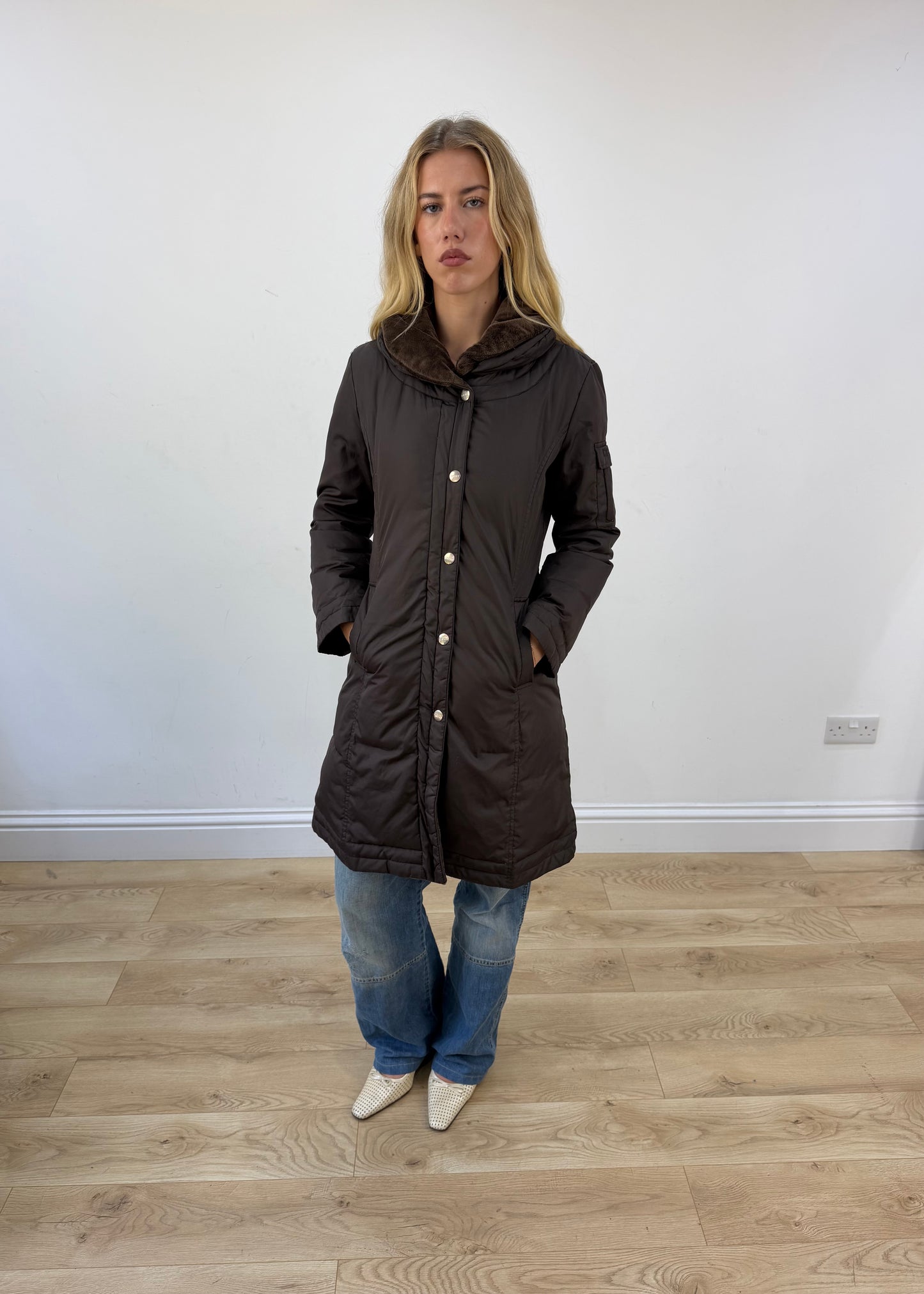 small brown dkny puffer trench coat front