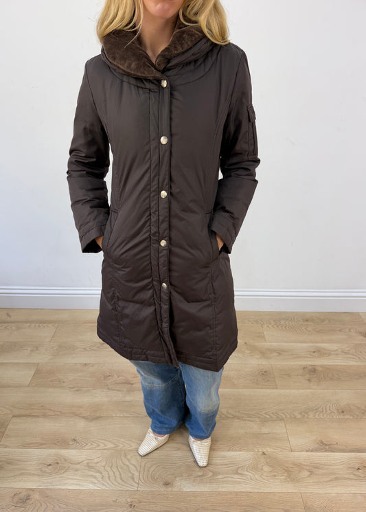 small brown dkny puffer trench coat headless detail
