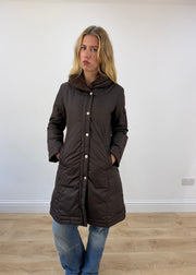 small brown dkny puffer trench coat close front