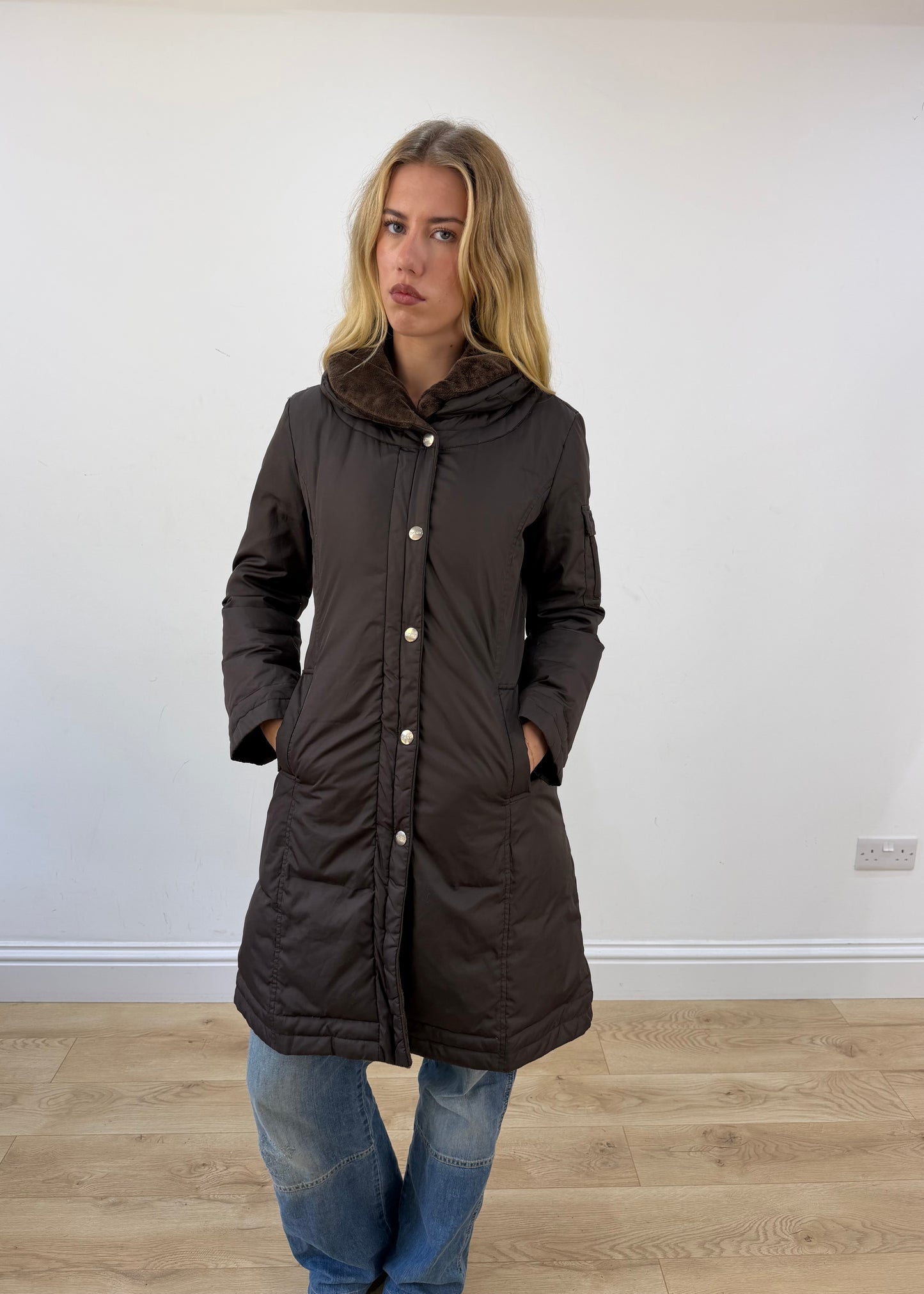 small brown dkny puffer trench coat close front