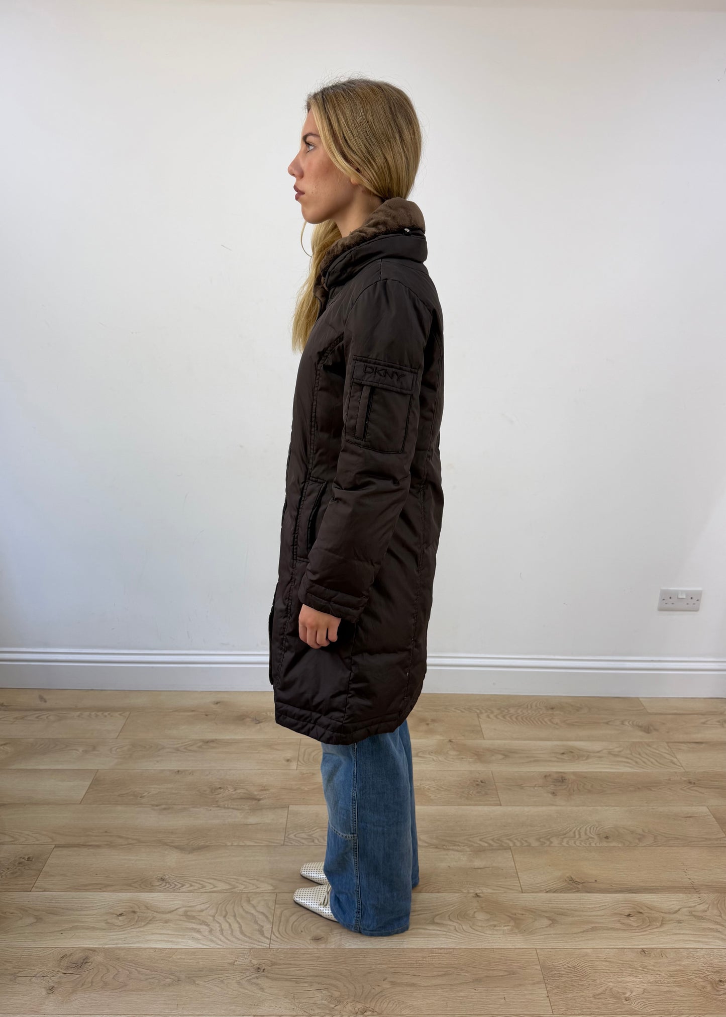 small brown dkny puffer trench coat side