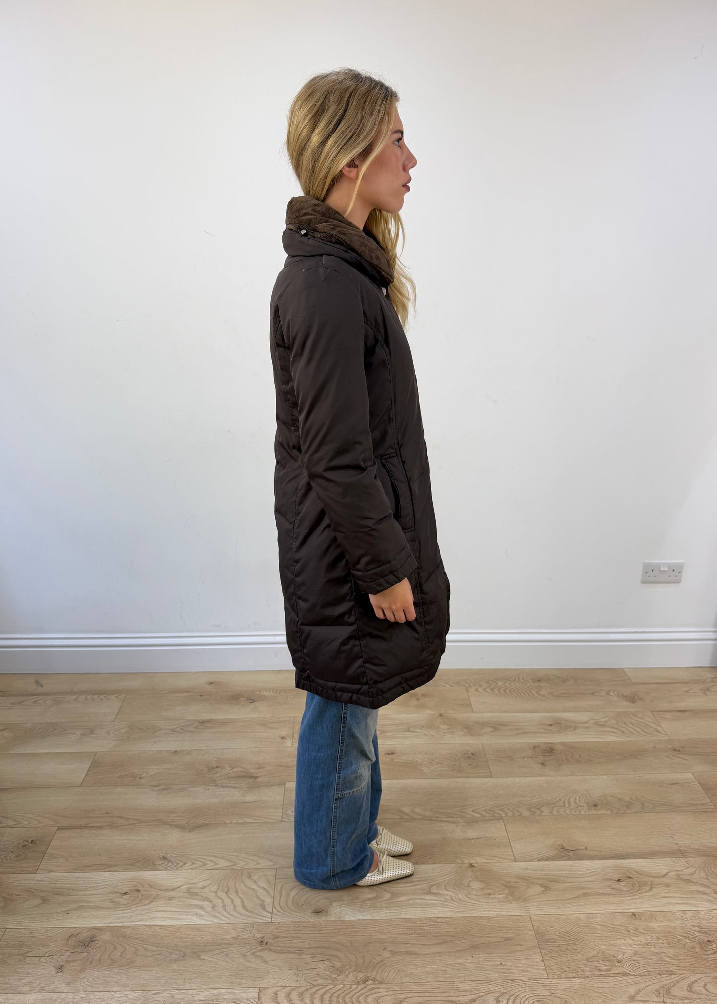 small brown dkny puffer trench coat opposite side