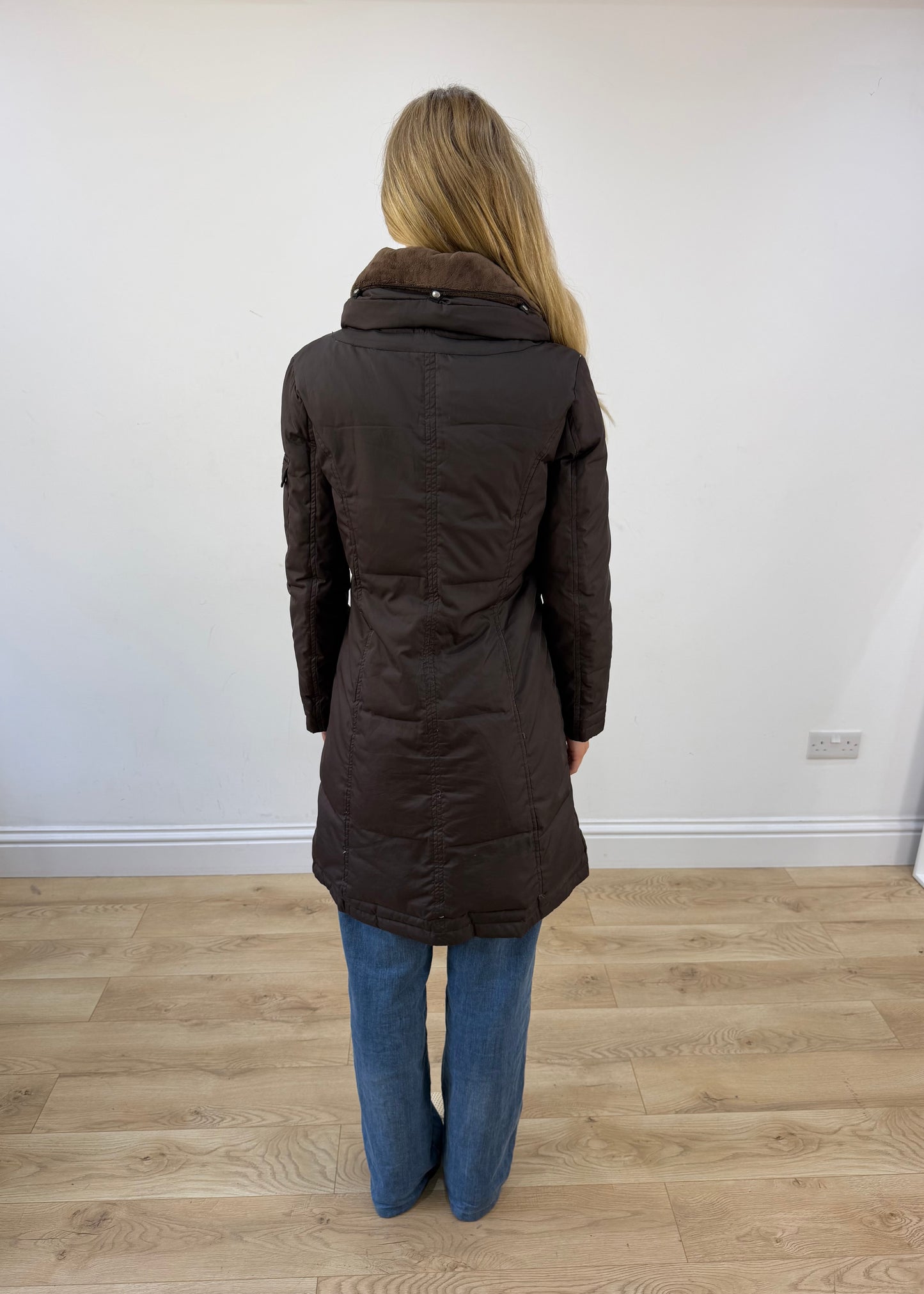 small brown dkny puffer trench coat back