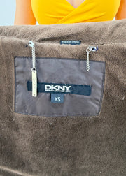 small brown dkny puffer trench coat label detail