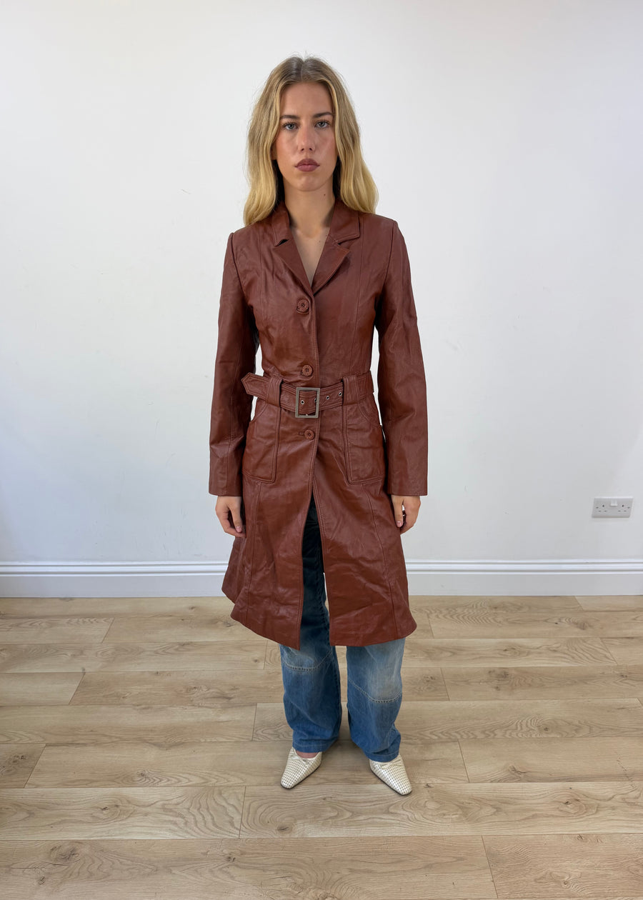 small brown toi and moi leather trench coat front