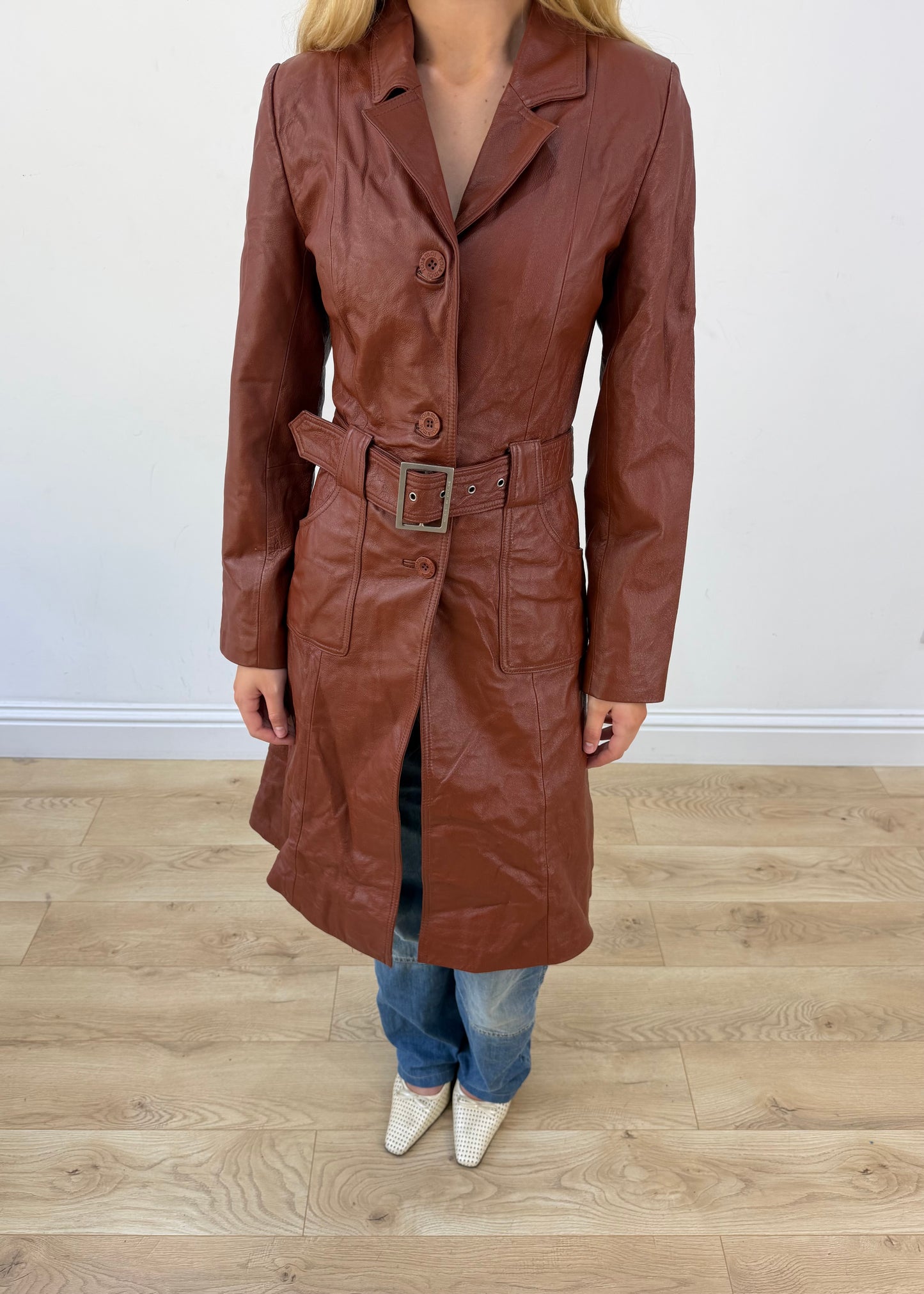 small brown toi and moi leather trench coat headless detail