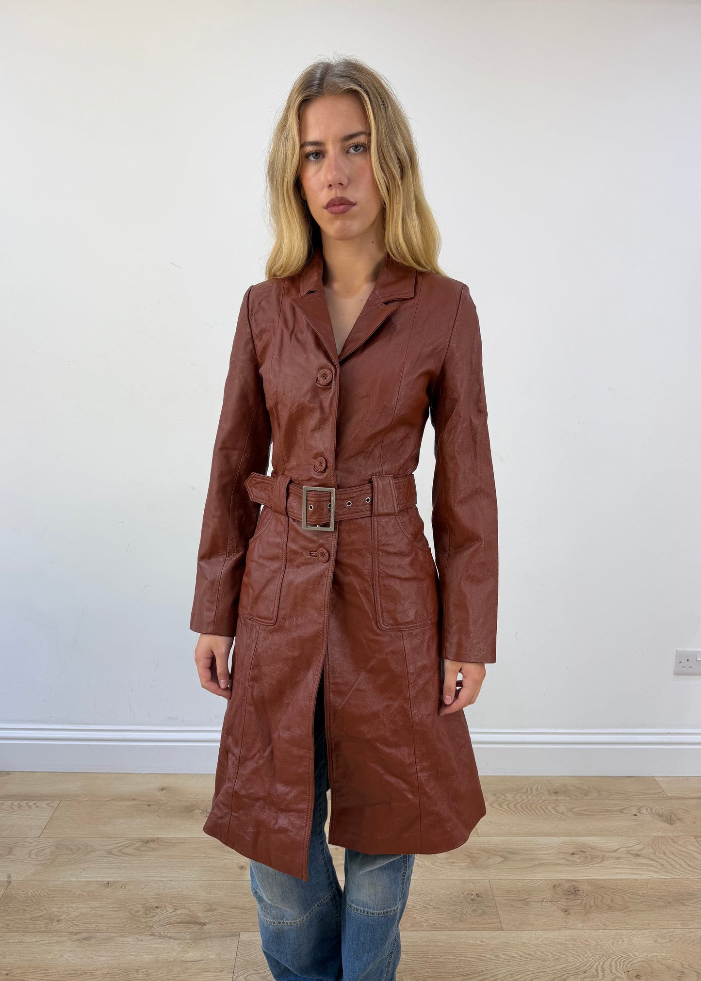 small brown toi and moi leather trench coat close front