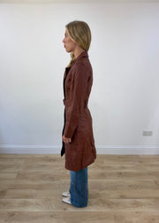small brown toi and moi leather trench coat side
