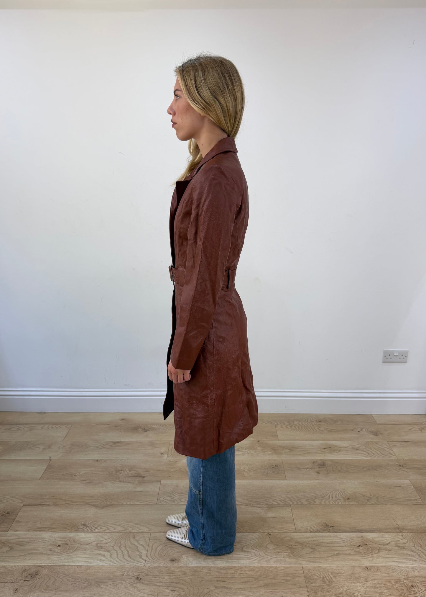 small brown toi and moi leather trench coat side