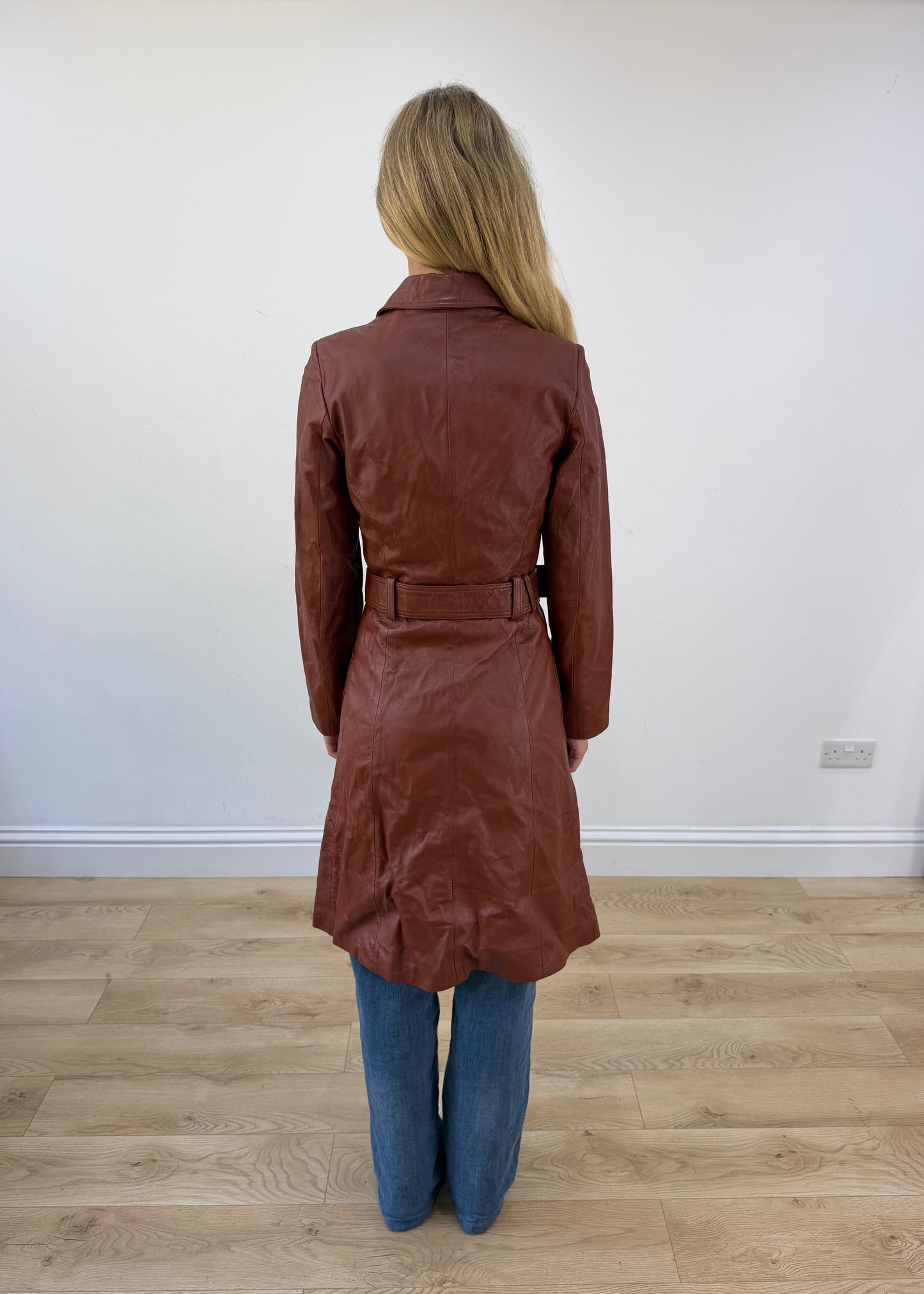 small brown toi and moi leather trench coat back
