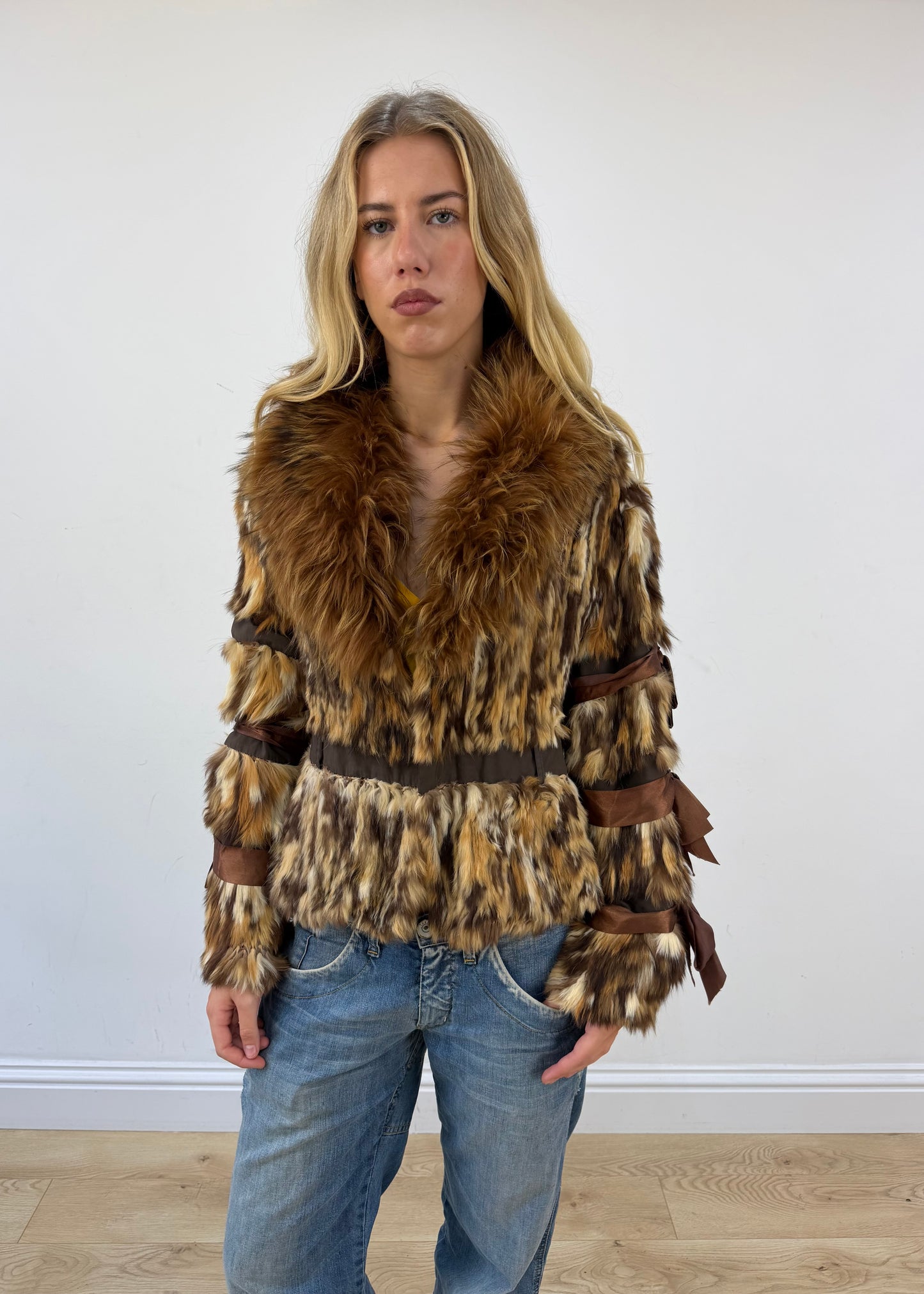 small brown toi and moi mixed fur jacket close front