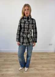 small black and white plaid belted pea coat front