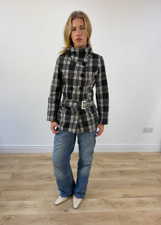 small black and white plaid belted pea coat front