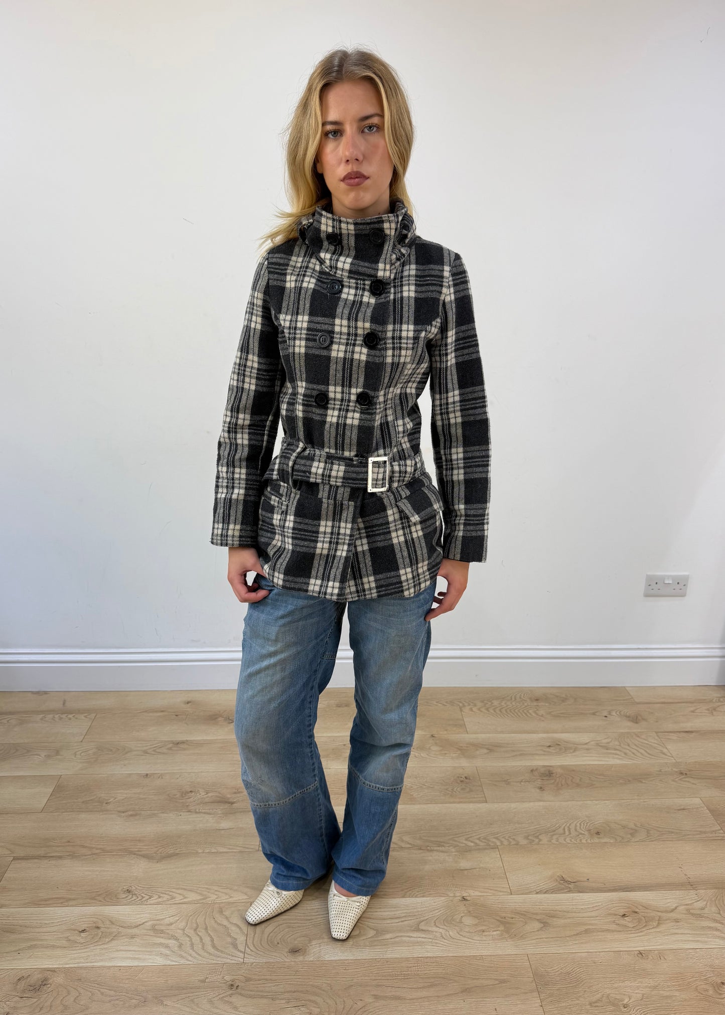 small black and white plaid belted pea coat front