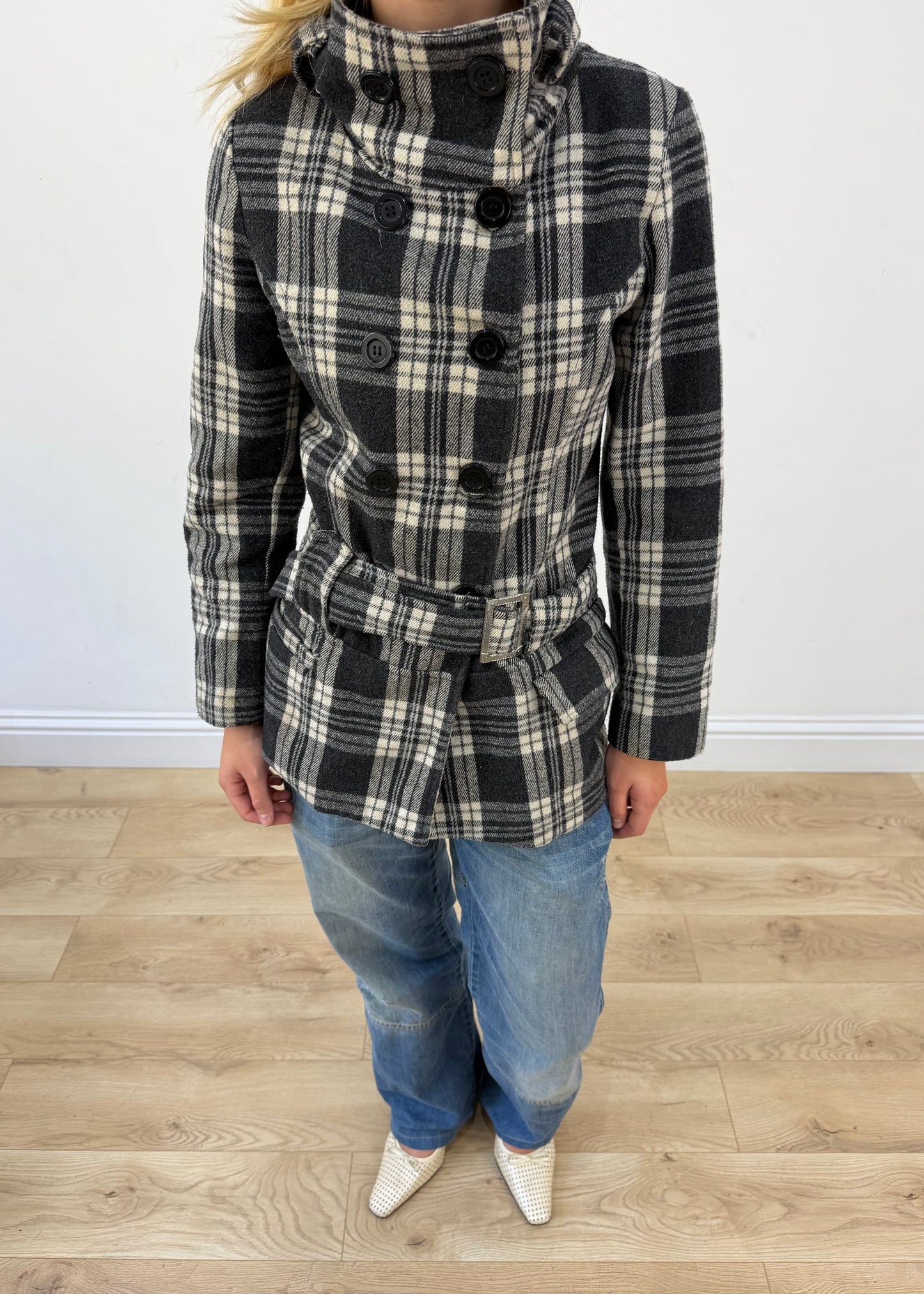 small black and white plaid belted pea coat headless detail