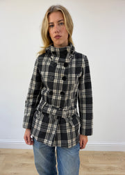 small black and white plaid belted pea coat close front