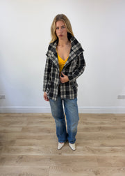 small black and white plaid belted pea coat open