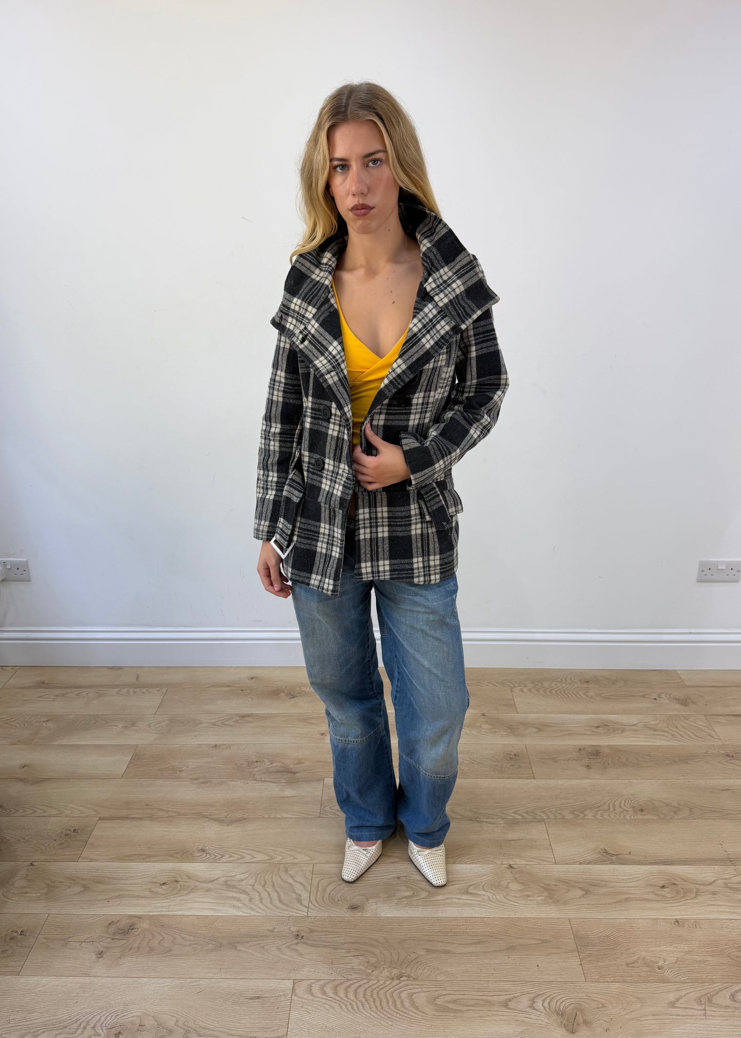 small black and white plaid belted pea coat open
