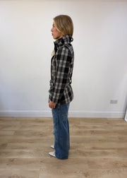 small black and white plaid belted pea coat side