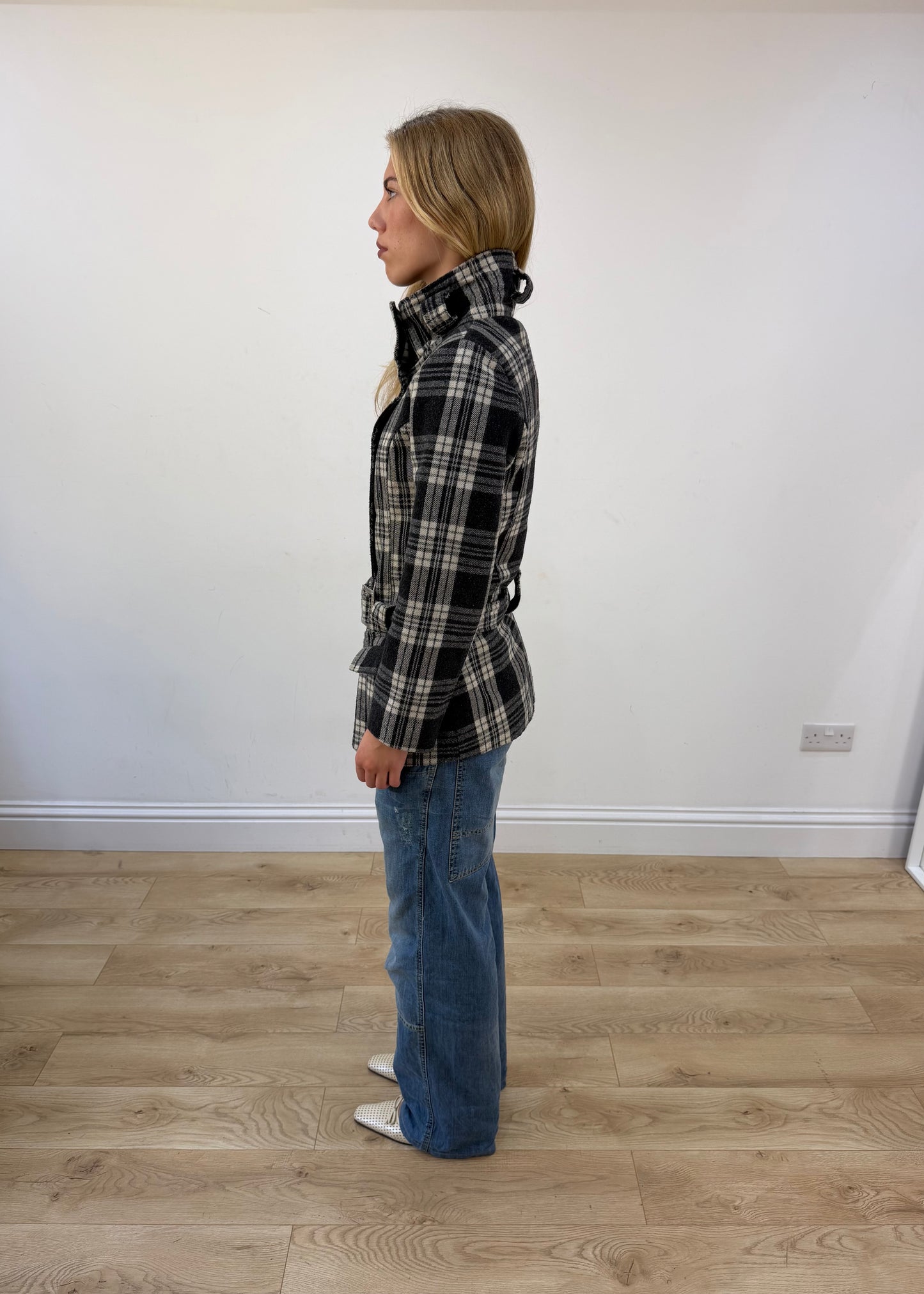 small black and white plaid belted pea coat side