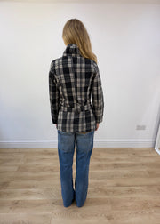 small black and white plaid belted pea coat back