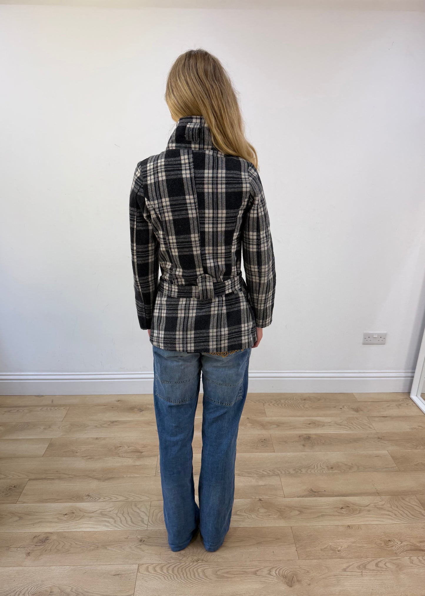 small black and white plaid belted pea coat back