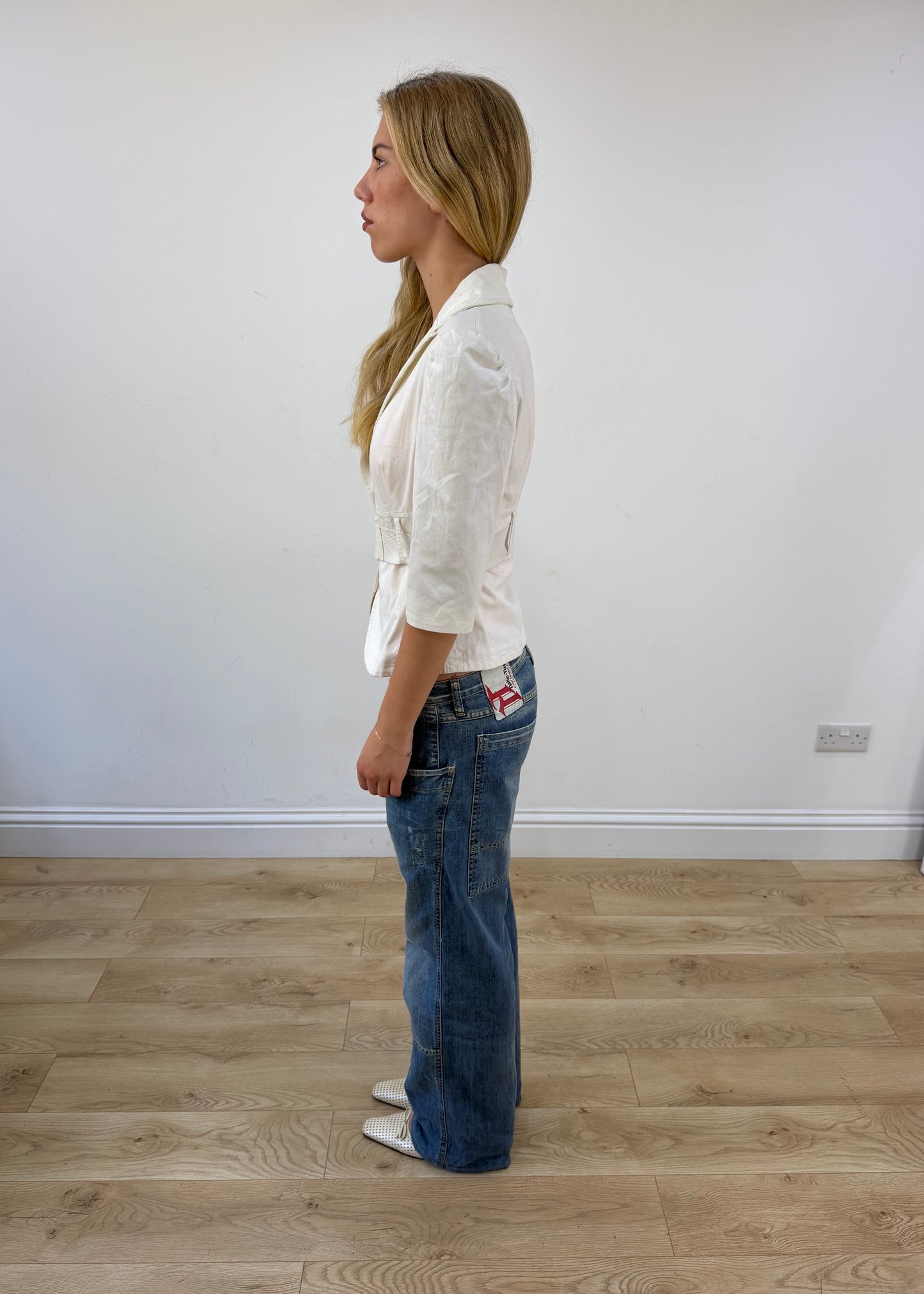 small white belted blazer side