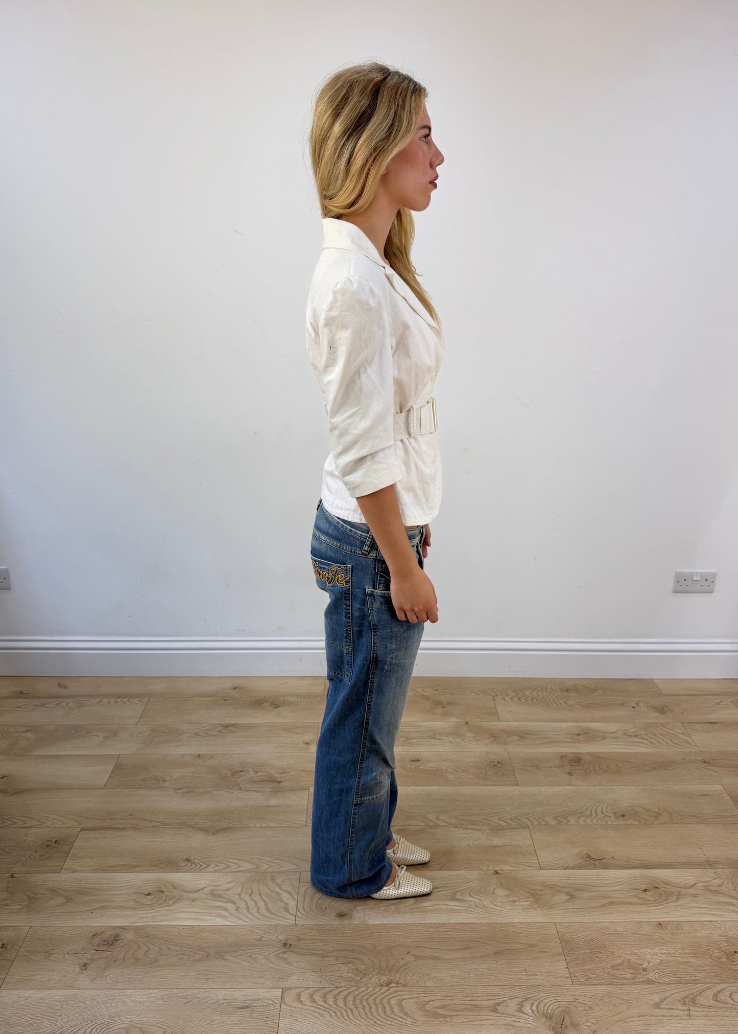 small white belted blazer opposite side