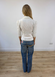 small white belted blazer back