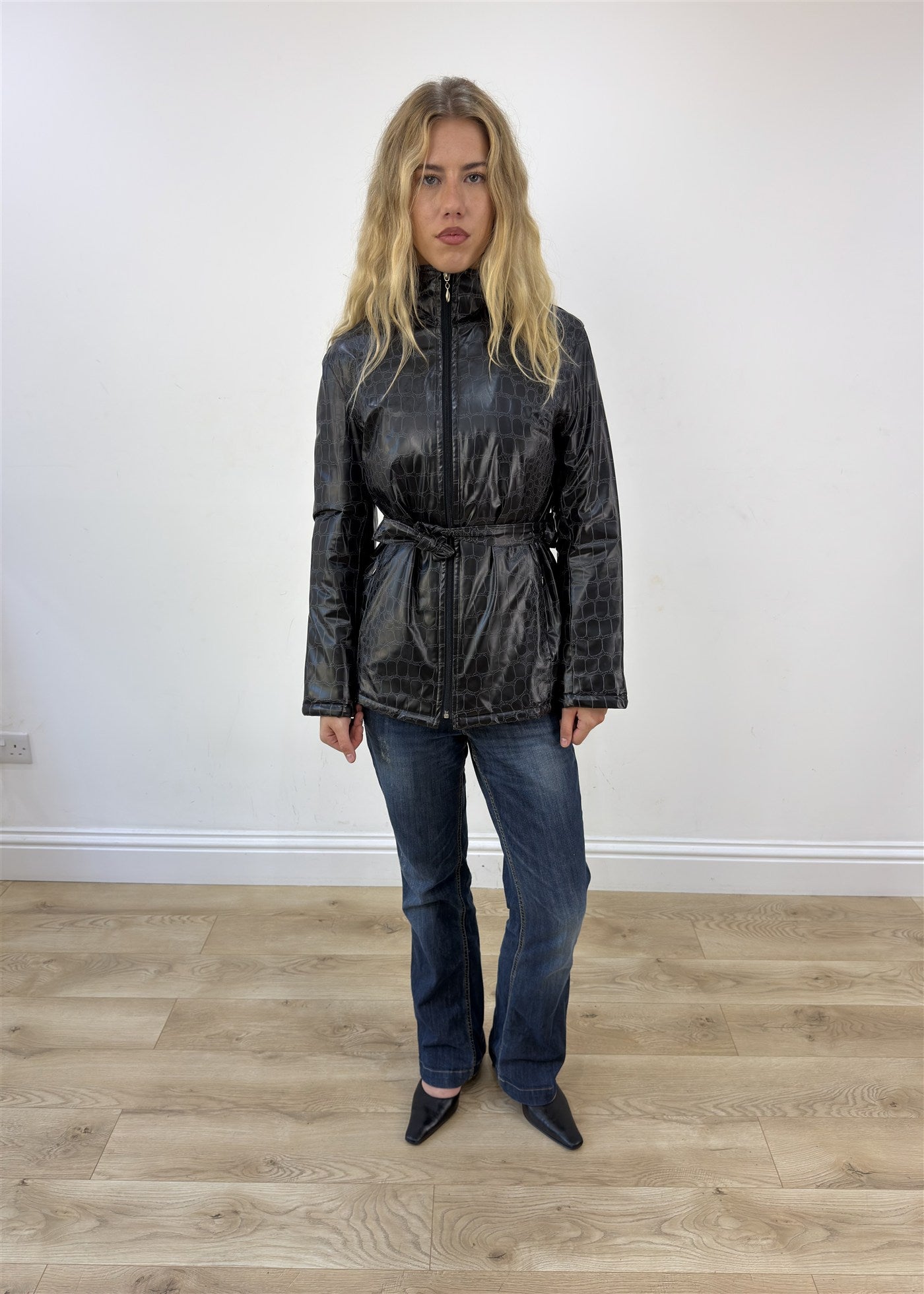 small black faux leather crocodile print jacket photo 1