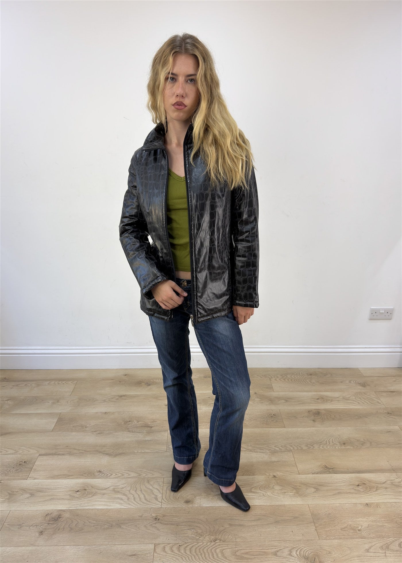 small black faux leather crocodile print jacket photo 3