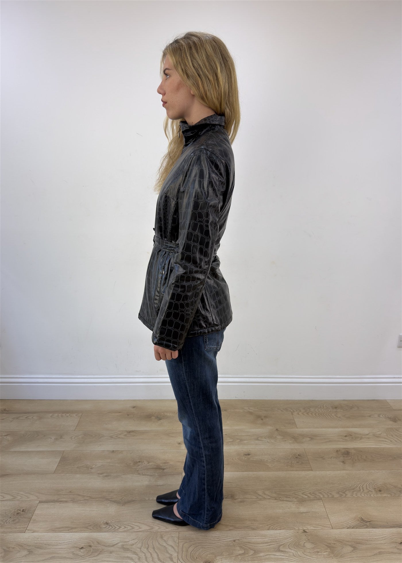 small black faux leather crocodile print jacket photo 5