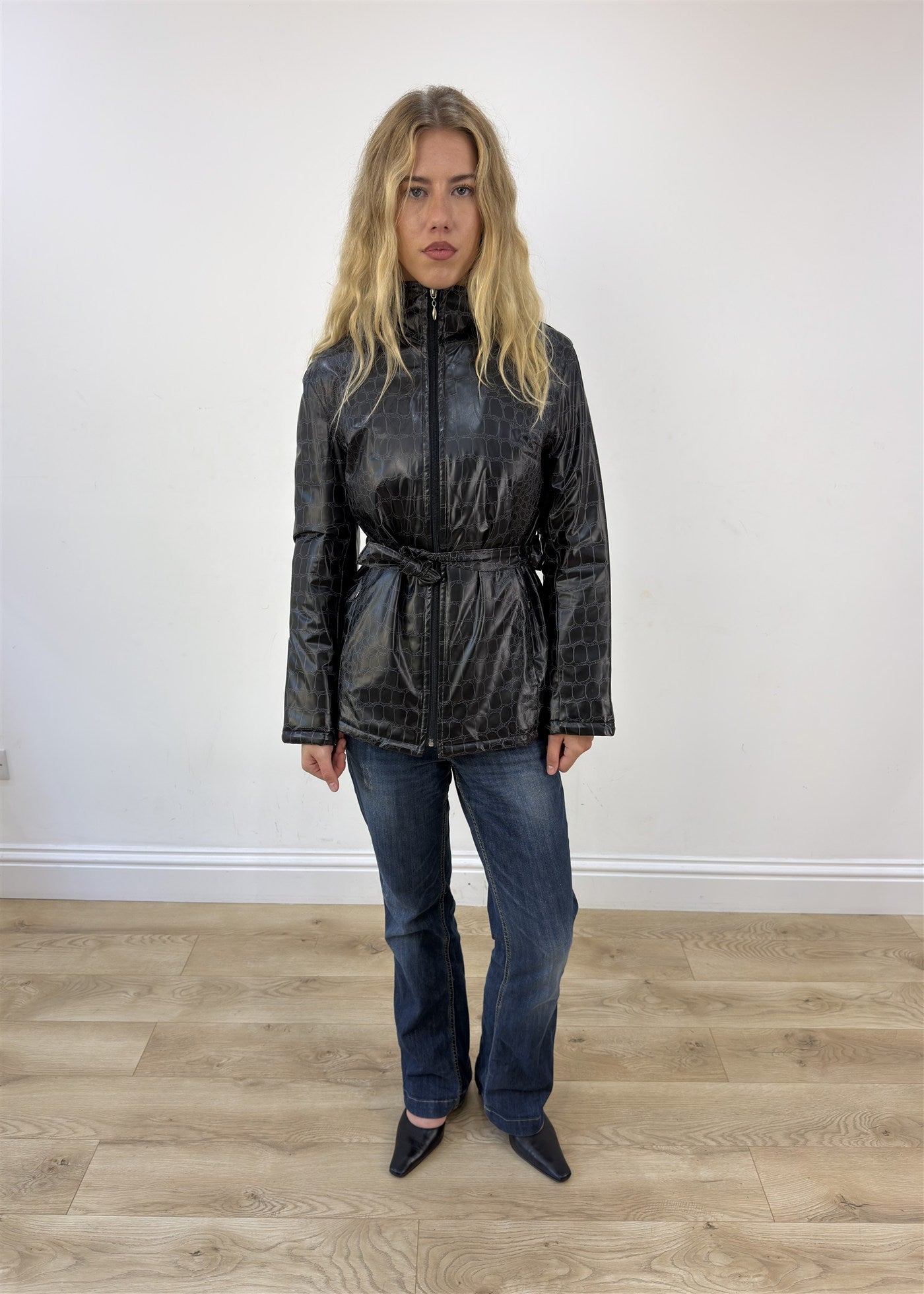 small black faux leather crocodile print jacket photo 8