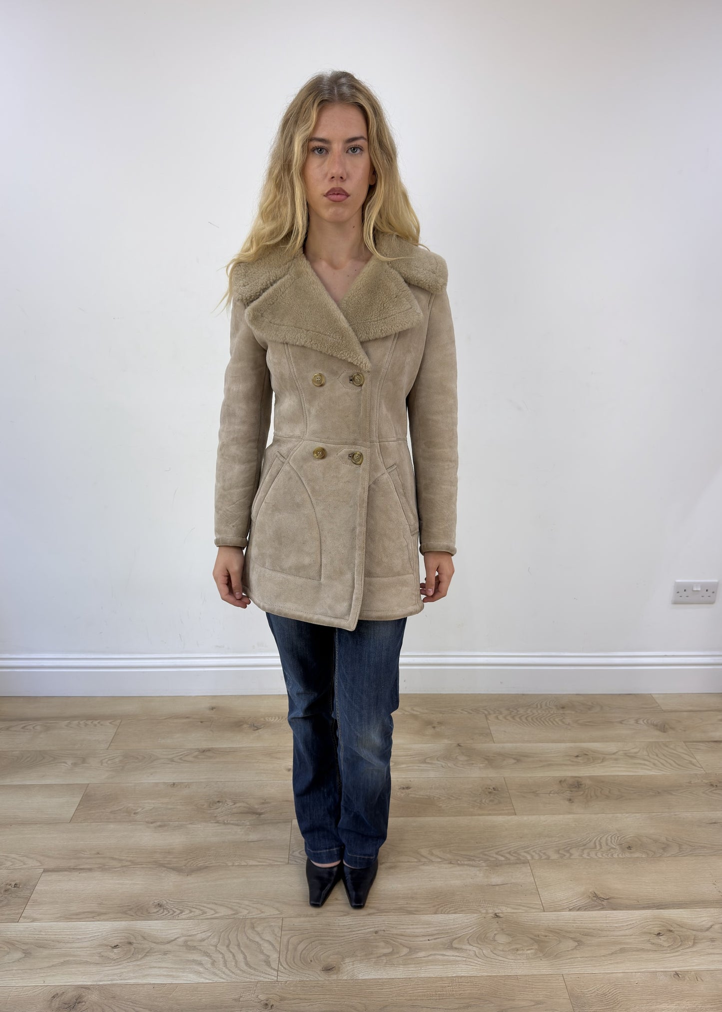 small beige faux suede pea coat 1 of 8