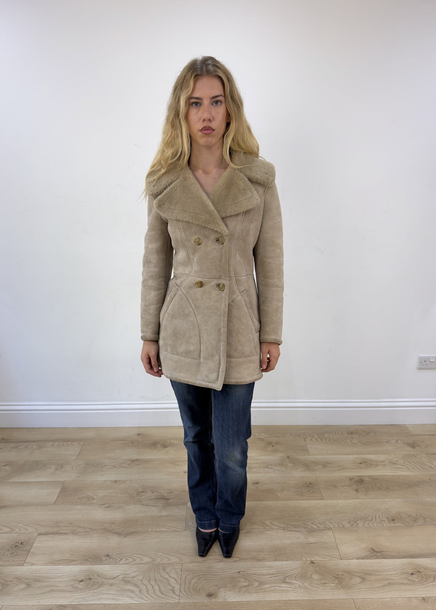 small beige faux suede pea coat 3 of 8
