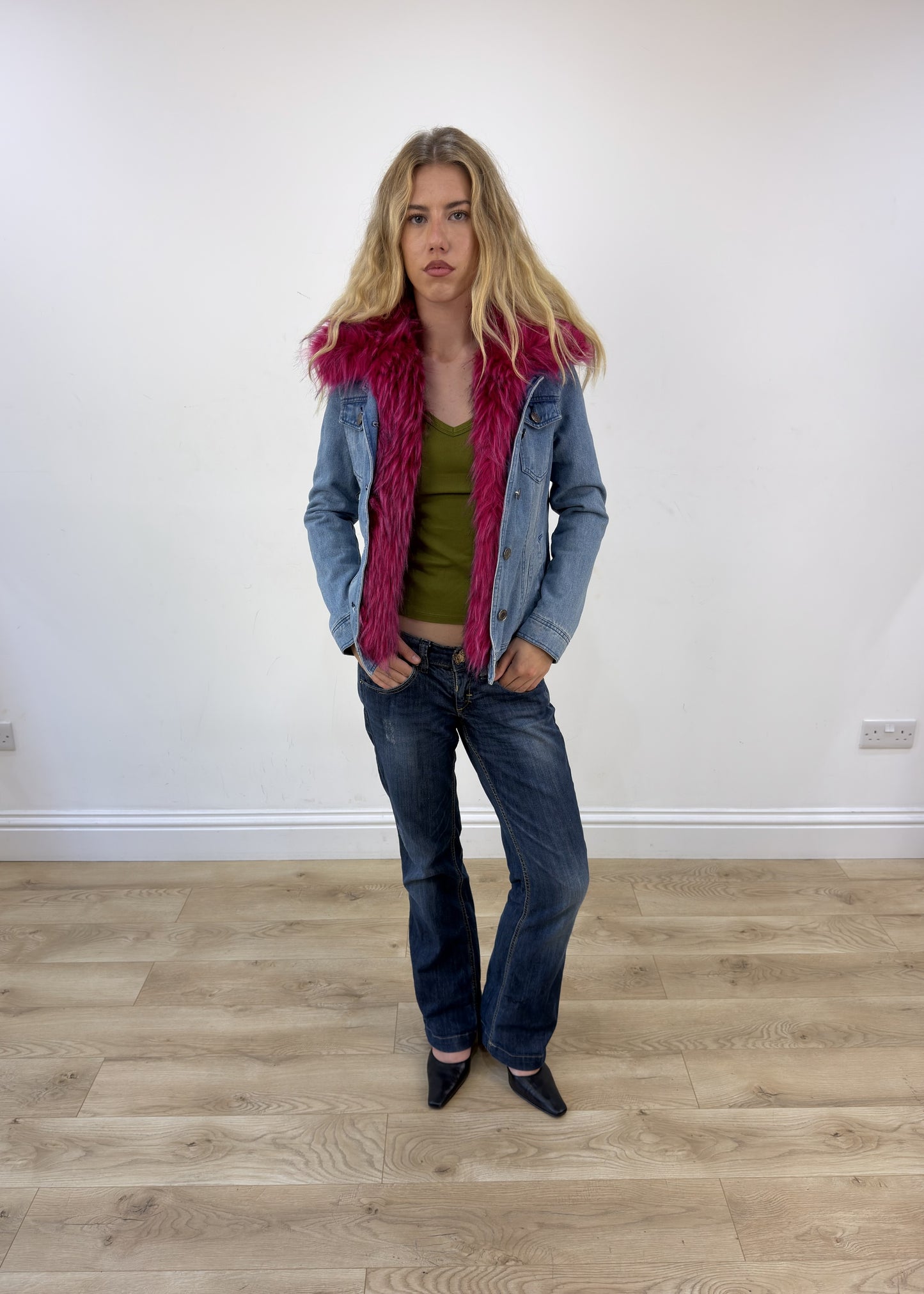 small blue denim pink faux fur jacket 1 of 8