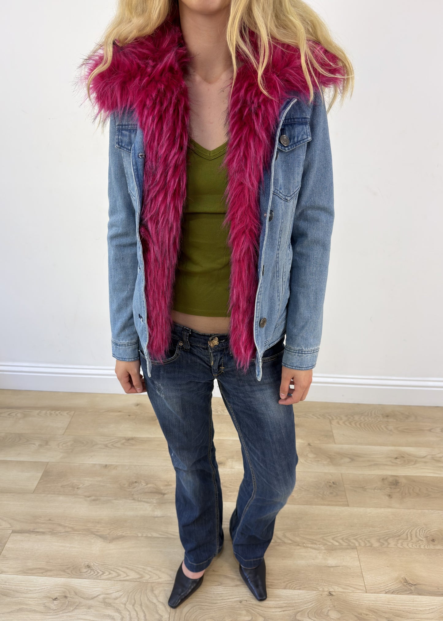 small blue denim pink faux fur jacket 2 of 8