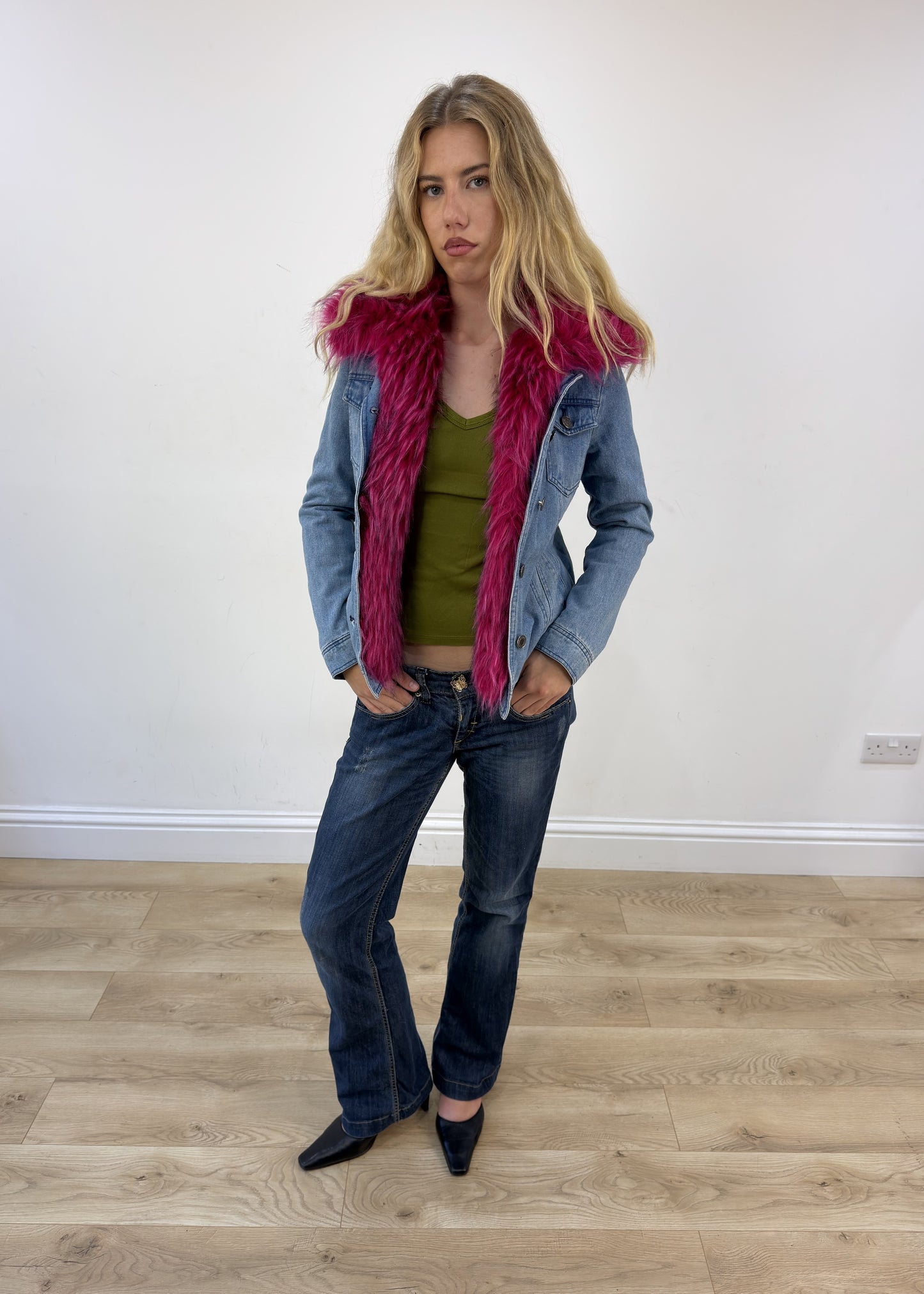 small blue denim pink faux fur jacket 3 of 8