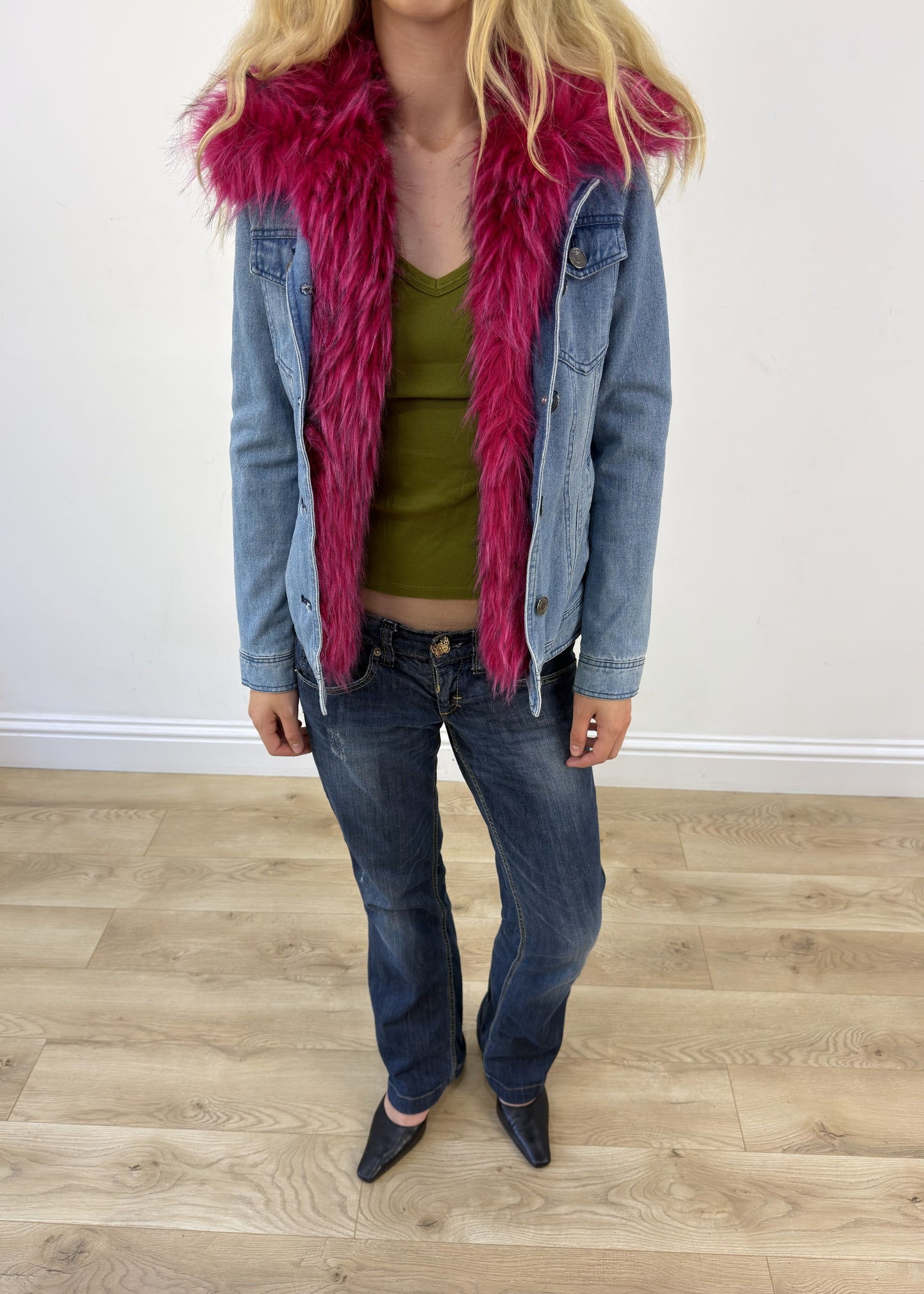 small blue denim pink faux fur jacket 4 of 8