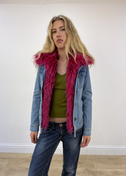 small blue denim pink faux fur jacket 5 of 8