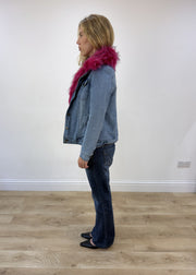 small blue denim pink faux fur jacket 6 of 8