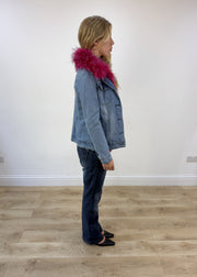 small blue denim pink faux fur jacket 7 of 8