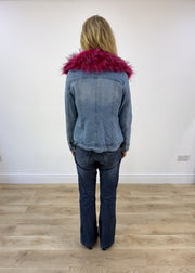small blue denim pink faux fur jacket 8 of 8