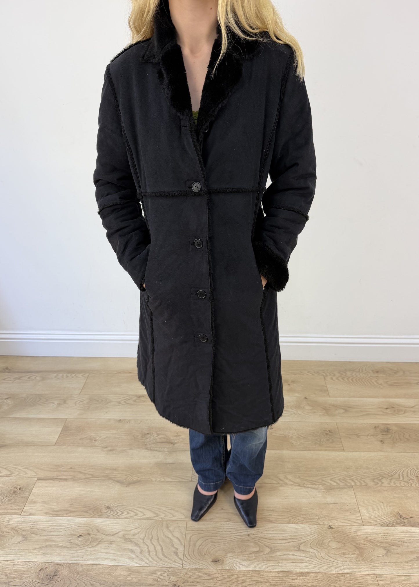 Medium black faux suede long coat image 2