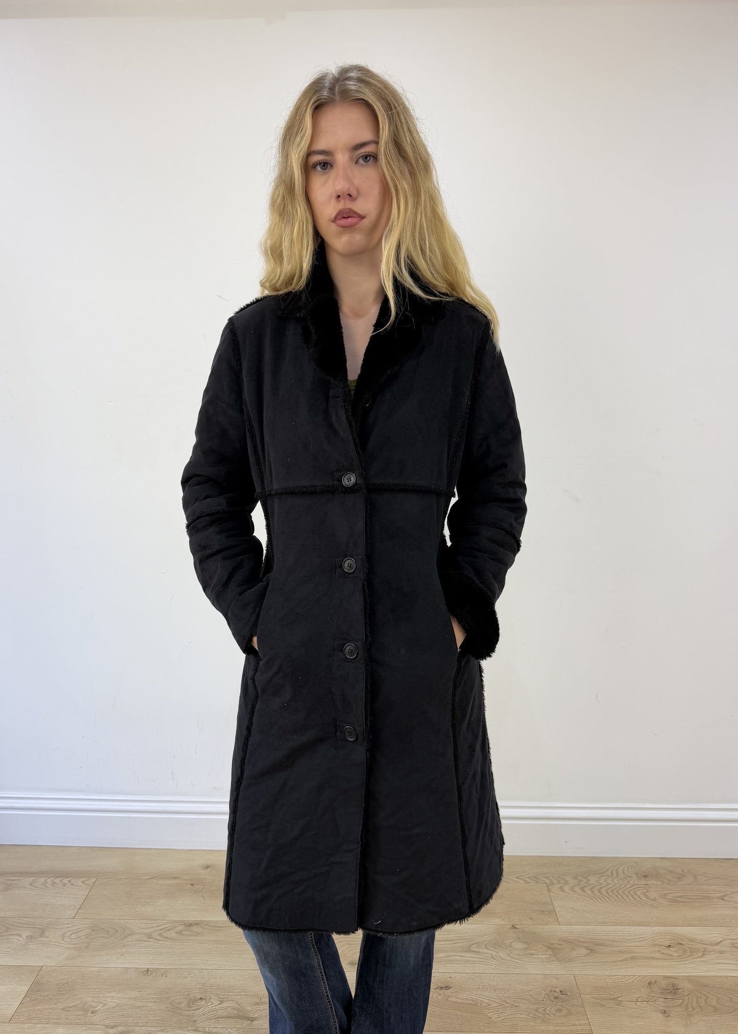 Medium black faux suede long coat image 3
